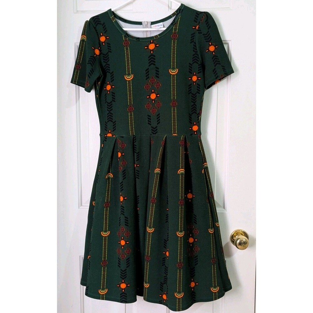 LULAROE Smooth Stretch Amelia Dress Small Green Art Deco Print Pleated A-Line